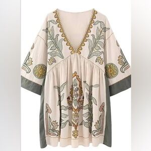 Zara - Linen Embroidered Caftan Mini Dress